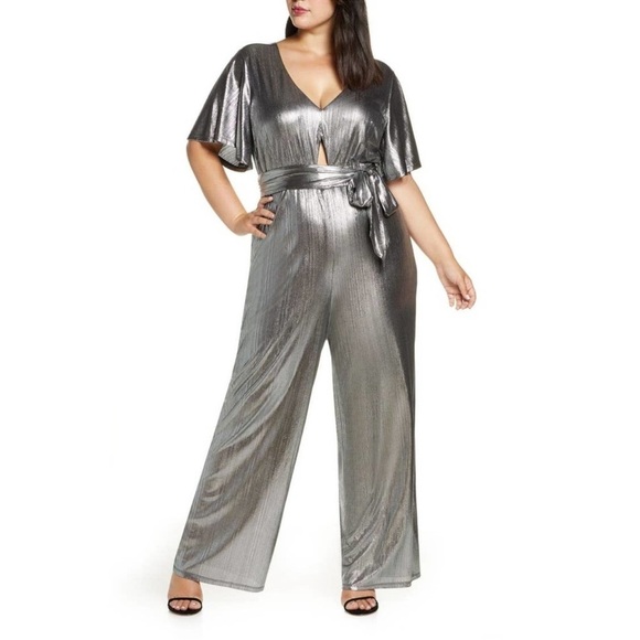 Refinery29 x ELOQUII disco hipster Party Silver Metallic V-Neck Jumpsuit R29 14 - Picture 4 of 16